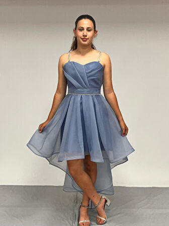 Kız Çocuk Abiye İndigoTaş Kordon Askılı Kalp Yaka  Kuyruklu  Şifon Abiye Elbise 10-15 Yaş