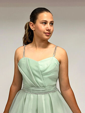 Kız Çocuk Abiye Mint Yeşili Taş Kordon Askılı Kalp Yaka  Kuyruklu  Şifon Abiye Elbise 10-15 Yaş