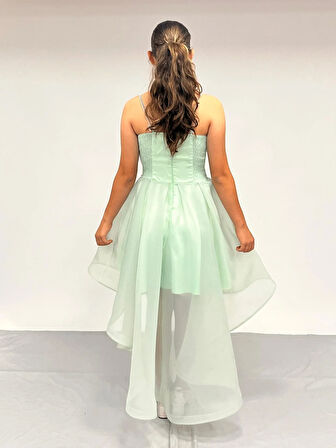 Kız Çocuk Abiye Mint Yeşili Taş Kordon Askılı Kalp Yaka  Kuyruklu  Şifon Abiye Elbise 10-15 Yaş