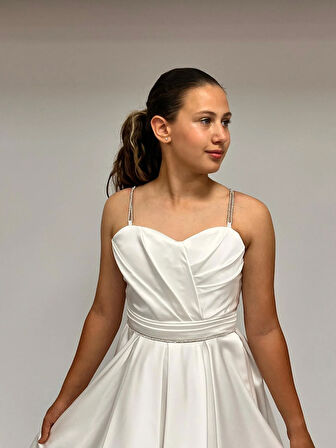 Kız Çocuk Abiye Krem Taş Kordon Askılı Kalp Yaka  Mat Saten Kuyruklu Abiye Elbise 10-15 Yaş