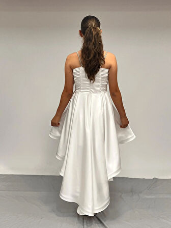 Kız Çocuk Abiye Krem Taş Kordon Askılı Kalp Yaka  Mat Saten Kuyruklu Abiye Elbise 10-15 Yaş