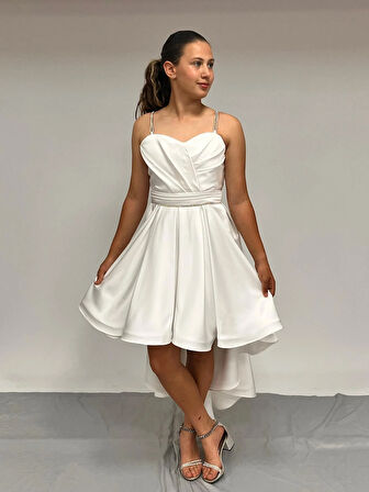 Kız Çocuk Abiye Krem Taş Kordon Askılı Kalp Yaka  Mat Saten Kuyruklu Abiye Elbise 10-15 Yaş