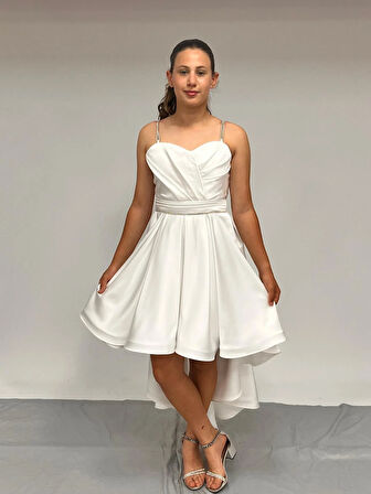 Kız Çocuk Abiye Krem Taş Kordon Askılı Kalp Yaka  Mat Saten Kuyruklu Abiye Elbise 10-15 Yaş