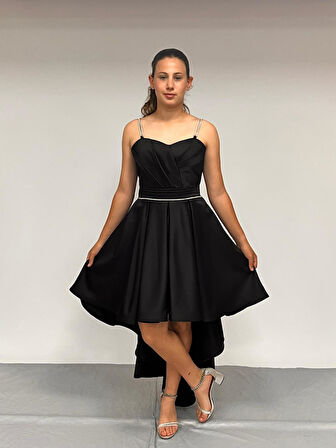 Kız Çocuk Abiye Siyah Taş Kordon Askılı Kalp Yaka  Mat Saten Kuyruklu Abiye Elbise 10-15 Yaş