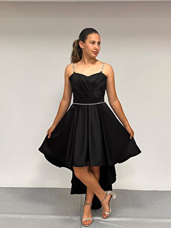 Kız Çocuk Abiye Siyah Taş Kordon Askılı Kalp Yaka  Mat Saten Kuyruklu Abiye Elbise 10-15 Yaş