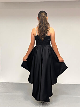 Kız Çocuk Abiye Siyah Taş Kordon Askılı Kalp Yaka  Mat Saten Kuyruklu Abiye Elbise 10-15 Yaş
