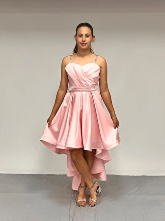 Kız Çocuk Abiye Pembe Taş Kordon Askılı Kalp Yaka  Mat Saten Kuyruklu Abiye Elbise 10-15 Yaş