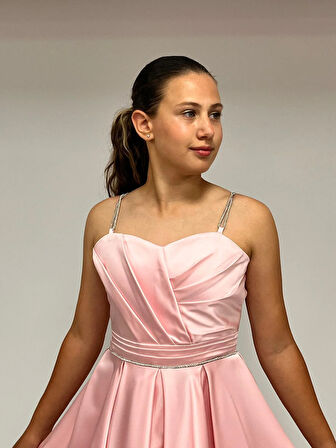 Kız Çocuk Abiye Pembe Taş Kordon Askılı Kalp Yaka  Mat Saten Kuyruklu Abiye Elbise 10-15 Yaş