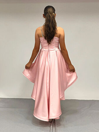Kız Çocuk Abiye Pembe Taş Kordon Askılı Kalp Yaka  Mat Saten Kuyruklu Abiye Elbise 10-15 Yaş