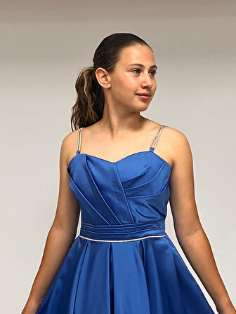 Kız Çocuk Abiye İndigo Taş Kordon Askılı Kalp Yaka  Mat Saten Kuyruklu Abiye Elbise 10-15 Yaş