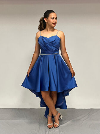 Kız Çocuk Abiye İndigo Taş Kordon Askılı Kalp Yaka  Mat Saten Kuyruklu Abiye Elbise 10-15 Yaş