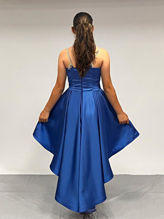 Kız Çocuk Abiye İndigo Taş Kordon Askılı Kalp Yaka  Mat Saten Kuyruklu Abiye Elbise 10-15 Yaş