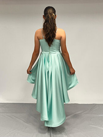 Kız Çocuk Abiye MintYeşili Taş Kordon Askılı Kalp Yaka  Mat Saten Kuyruklu Abiye Elbise 10-15 Yaş
