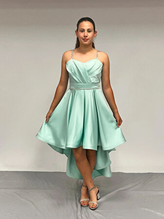 Kız Çocuk Abiye MintYeşili Taş Kordon Askılı Kalp Yaka  Mat Saten Kuyruklu Abiye Elbise 10-15 Yaş