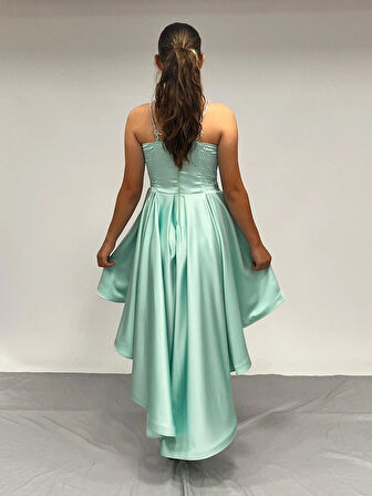 Kız Çocuk Abiye MintYeşili Taş Kordon Askılı Kalp Yaka  Mat Saten Kuyruklu Abiye Elbise 10-15 Yaş