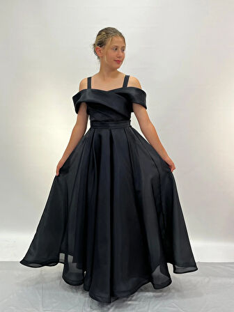 Kız Çocuk Askılı Düşük Omuz Detaylı Şifon Prenses Kesim Uzun Abiye Elbise 8-15 Yaş