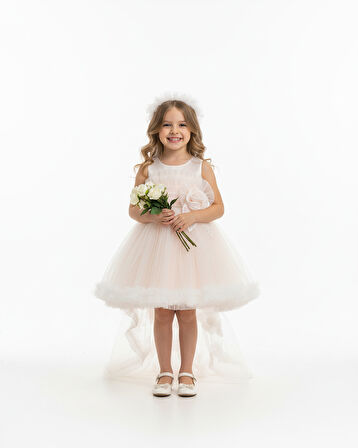 Kız Çocuk Askılı İnci ve Gül Detaylı Çıkabilen Kuyruklu Taç Hediyeli Monita Kız Çocuk Abiye Elbise 3-7 Yaş