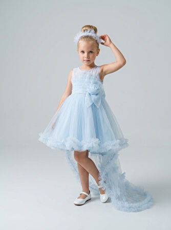 Kız Çocuk Askılı İnci ve Gül Detaylı Çıkabilen Kuyruklu Taç Hediyeli Monita Kız Çocuk Abiye Elbise 3-7 Yaş