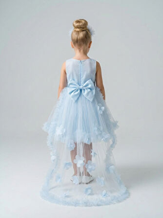 Kız Çocuk Askılı İnci ve Gül Detaylı Çıkabilen Kuyruklu Taç Hediyeli Monita Kız Çocuk Abiye Elbise 3-7 Yaş