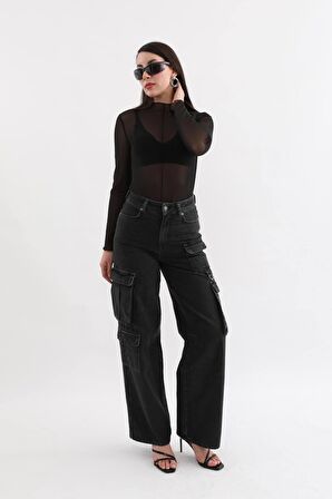 Kadın Kargo Cepli Jean Pantolon Antrasit