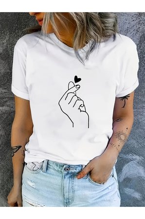 Unisex Kore Usulü Kalp Baskılı Tasarım Tshirt