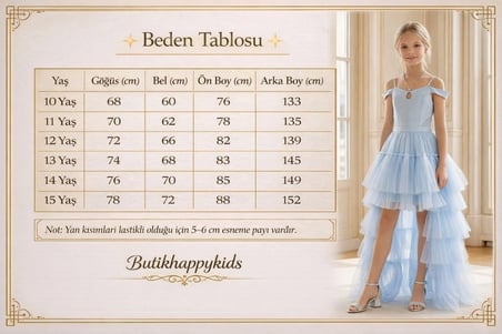 Kız Çocuk Kuyruklu Bebe Mavi Tül Abiye Elbise  Omuz ve Taş Kordon Detaylı Krep Üst Kat Kat Tül Prenses Model 10-15 Yaş