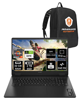 HP OMEN 17 R7 8845HS 32GB RAM 2TB SSD RTX4070/8GB 240Hz 17.3'' QHD FDOS Gaming Laptop & PER4 ÇANTA