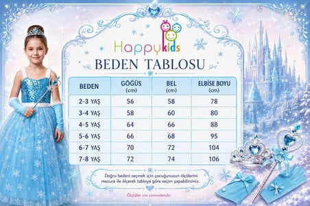 Elsa Kız Çocuk Prenses Kostümü Askılı Payetli Kar Taneli Elbise - Taç Asa Eldiven Hediyeli 