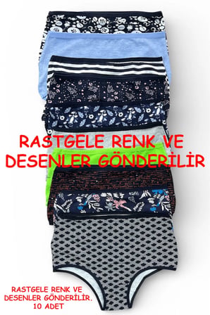 Kadın Külot 10 Lu Paket Yüksek Bel Pamuklu Likrali Rastgele KARISIK RENKLI, KARISIK BASKILI