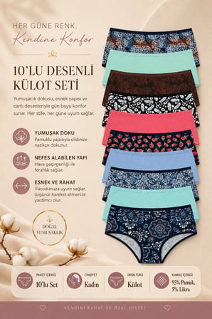 Kadın Külot 10 Lu Paket Yüksek Bel Pamuklu Likrali Rastgele KARISIK RENKLI, KARISIK BASKILI