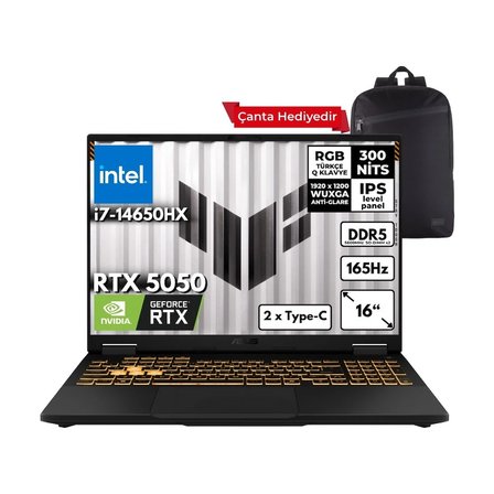 Asus Tuf Gaming F16 I7-14650HX 16-Gbddr5 1 Tbssd RTX5050 (8GB-GDDR7-115W) 16" Wuxga 165Hz Freedos + Sırt Çantası FX608JHR-RV048ZG1