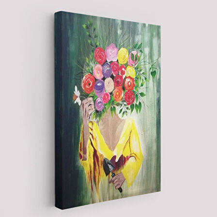 Çiçek Başlı Kadın Portresi Yağlıboya Görünüm Dekoratif Duvar Tablosu-6394