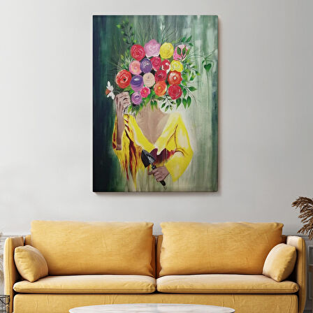 Çiçek Başlı Kadın Portresi Yağlıboya Görünüm Dekoratif Duvar Tablosu-6394