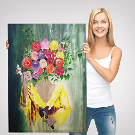 Çiçek Başlı Kadın Portresi Yağlıboya Görünüm Dekoratif Duvar Tablosu-6394