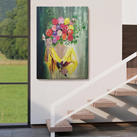 Çiçek Başlı Kadın Portresi Yağlıboya Görünüm Dekoratif Duvar Tablosu-6394