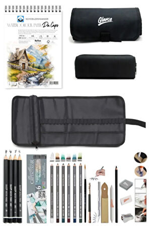 Suluboya Defteri 300 gr. A5 12 Yp Aquarell-Cepli Siyah Kalemlik 24 bölmeli + Kalem Kutusu Set