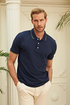 Erkek Slim Fit Düz Polo Yaka T-Shirt Lacivert