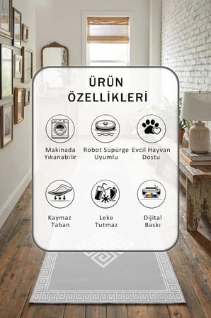 Likya Açık Gri Beyaz Dijital Baskılı Kaymaz Yıkanabilir Yolluk - Leke Tutmaz