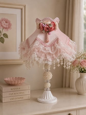 Pembe Kadife Kaplı Çiçek Süslemeli Başlık İncili Beyaz Metal Ayaklı Klasik Model Prenses Abajur 55x25cm