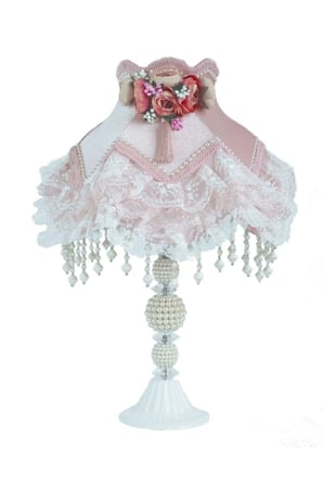 Pembe Kadife Kaplı Çiçek Süslemeli Başlık İncili Beyaz Metal Ayaklı Klasik Model Prenses Abajur 55x25cm