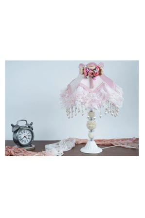 Pembe Kadife Kaplı Çiçek Süslemeli Başlık İncili Beyaz Metal Ayaklı Klasik Model Prenses Abajur 55x25cm