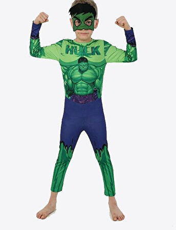 Yeşil Maskeli Baskılı Hulk Kostümü Çocuk Boy - Yeşil Dev Kostümü 11-12 Yaş