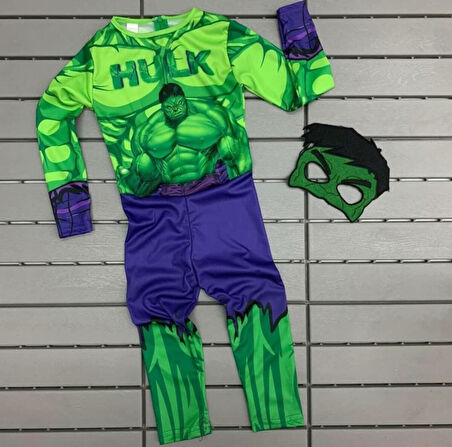 Yeşil Maskeli Baskılı Hulk Kostümü Çocuk Boy - Yeşil Dev Kostümü 11-12 Yaş