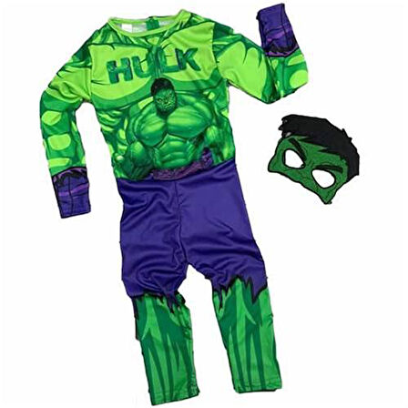Yeşil Maskeli Baskılı Hulk Kostümü Çocuk Boy - Yeşil Dev Kostümü 11-12 Yaş