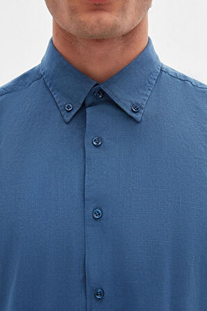 D'S Damat Ds Damat Comfort Indigo Düğmeli Yaka Rahat Kesim Keten Görünümlü  Pamuk Gömlek 2HC02ORT64265