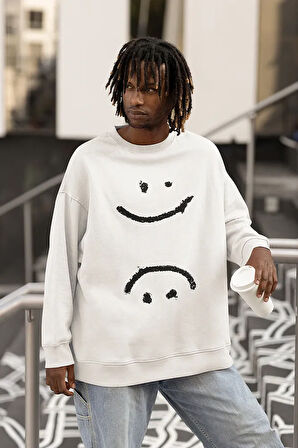 Çizgi Gülen Surat Baskılı Unisex Oversize Sweatshirt