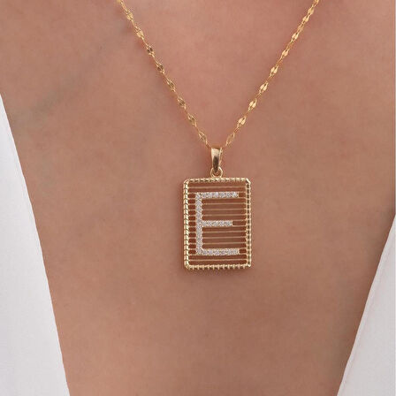 14 Ayar Altın Taşlı Telli E Harf Kolye