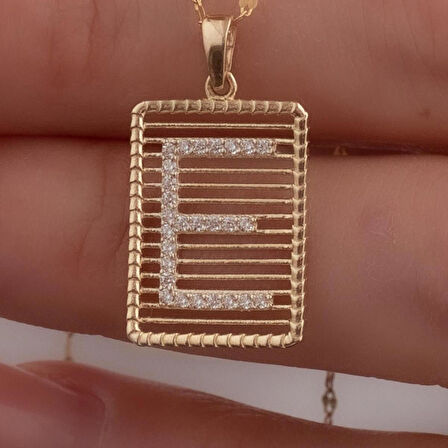 14 Ayar Altın Taşlı Telli E Harf Kolye