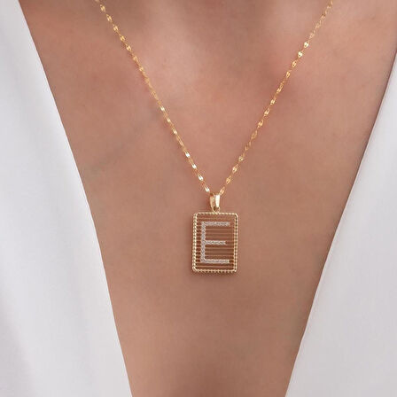 14 Ayar Altın Taşlı Telli E Harf Kolye