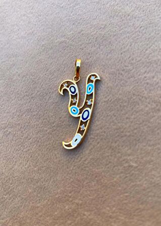 14 Ayar Altın Y Harfli Nazar Boncuklu Göz Kolye Ucu